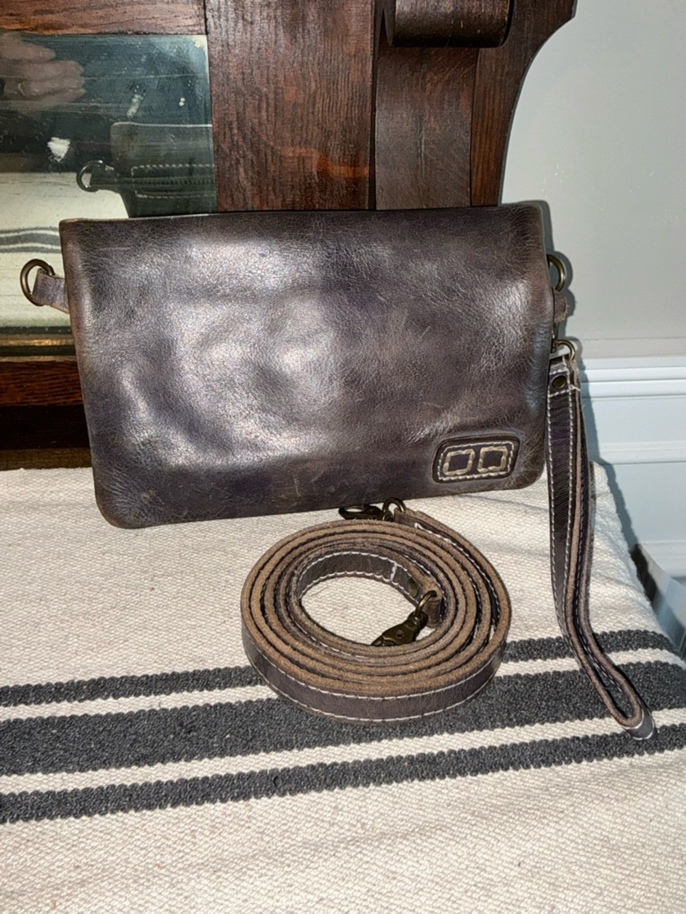 Bed Stu Leather Cadence Wallet Wristlet Crossbody Bag Black Navy Blue MSRP $175